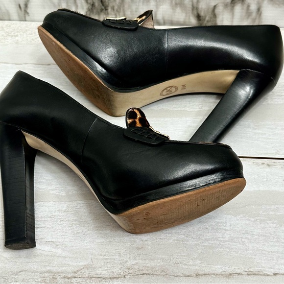 Michael Kors Womens Sz 8 1/2 M Tierlyn Blk Platform Heel Shoes Leopard Print Toe - Picture 11 of 13